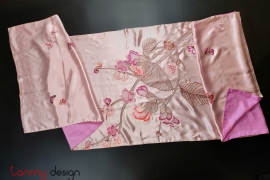Pink silk scarf hand-embroidered with orchids 60*200 cm